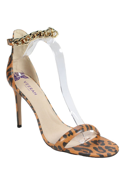 Veerah New York Womens Leather Animal Print Ankle Strap Sandals Orange Size 11