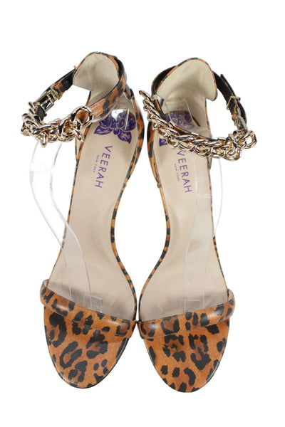 Veerah New York Womens Leather Animal Print Ankle Strap Sandals Orange Size 11