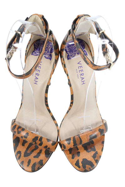 Veerah New York Womens Leather Animal Print Ankle Strap Sandals Orange Size 5