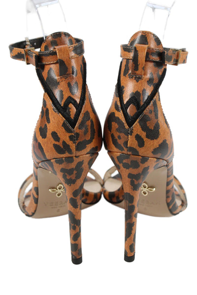 Veerah New York Womens Leather Animal Print Ankle Strap Sandals Orange Size 5