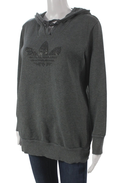 Adidas Womens Pullover Hoodie Gray V-Neck Long Sleeve Logo Size M