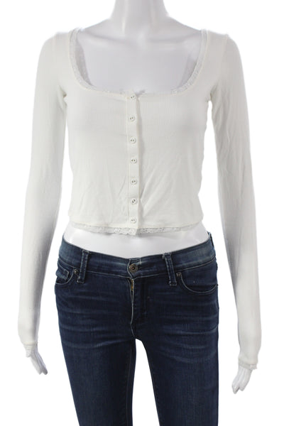 Skims Women White Cropped Button Up Top Square Neck Long Sleeve Modal Size S