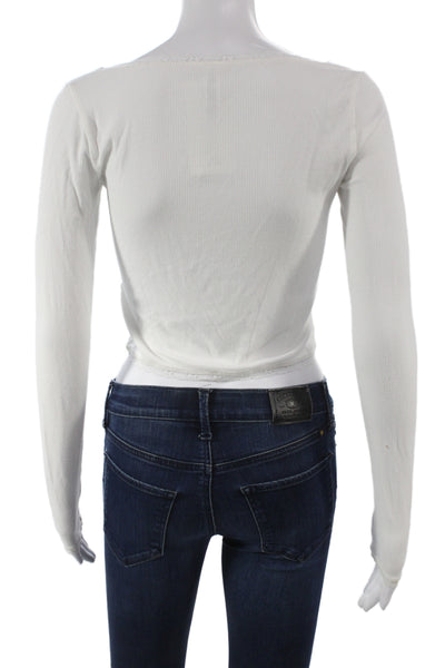 Skims Women White Cropped Button Up Top Square Neck Long Sleeve Modal Size S