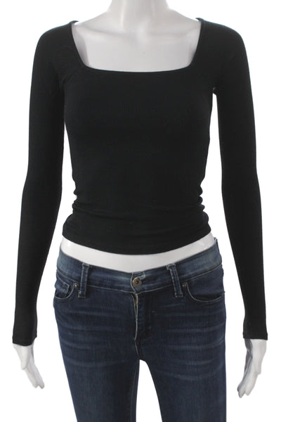 Joah Brown Women Basic Black Square Neck Long Sleeve T-Shirt Size XS