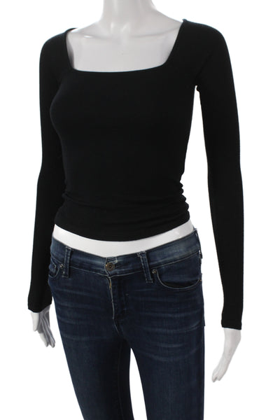 Joah Brown Women Basic Black Square Neck Long Sleeve T-Shirt Size XS