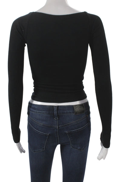 Joah Brown Women Basic Black Square Neck Long Sleeve T-Shirt Size XS