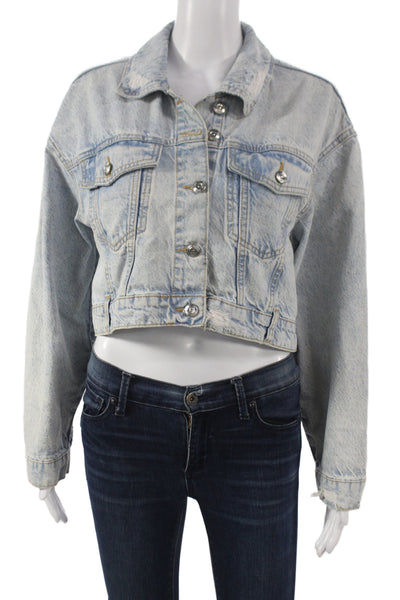 Zara Women Basic Jacket Blue Cotton Button Long Sleeve 90s Size XS