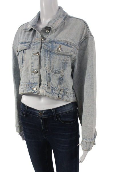 Zara Women Basic Jacket Blue Cotton Button Long Sleeve 90s Size XS