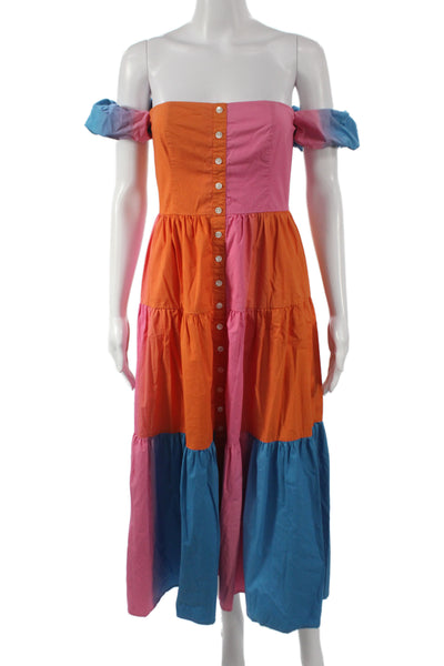 Staud Womens Maxi Off Shoulder Colorblock Blue Cotton Dress Button Size 2