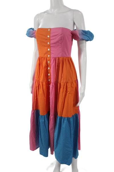 Staud Womens Maxi Off Shoulder Colorblock Blue Cotton Dress Button Size 2
