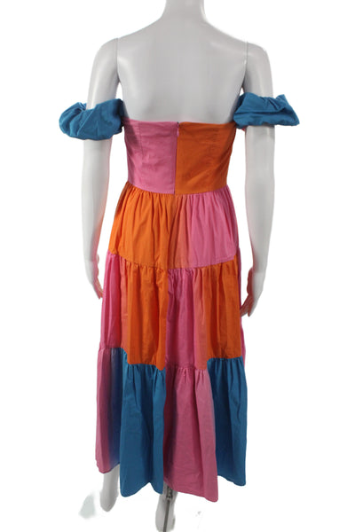 Staud Womens Maxi Off Shoulder Colorblock Blue Cotton Dress Button Size 2