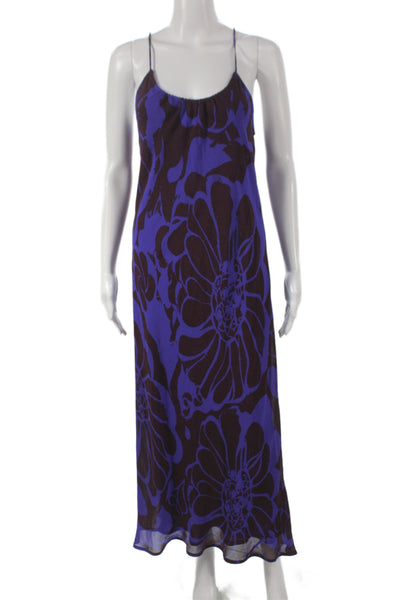 Vince Womens Maxi Floral Silk Scoop Neck Sleeveless Dress Purple Size M