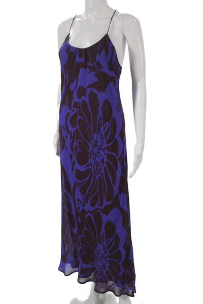 Vince Womens Maxi Floral Silk Scoop Neck Sleeveless Dress Purple Size M