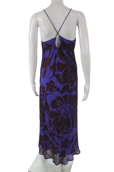 Vince Womens Maxi Floral Silk Scoop Neck Sleeveless Dress Purple Size M