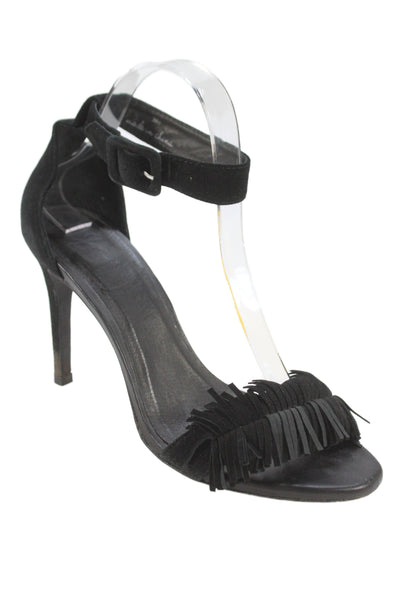 Joie Womens Suede Ankle Strap Fringe Sandal Heels Black Size 38.5 8.5