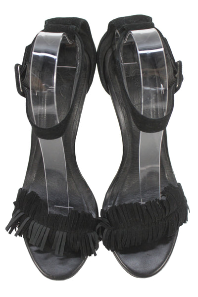Joie Womens Suede Ankle Strap Fringe Sandal Heels Black Size 38.5 8.5