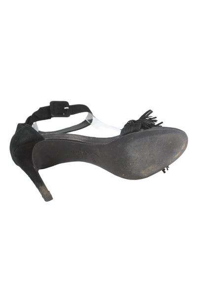 Joie Womens Suede Ankle Strap Fringe Sandal Heels Black Size 38.5 8.5