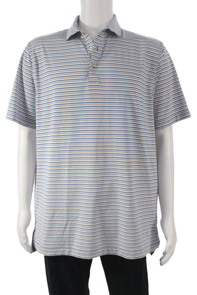 Peter Millar Men Blue Striped Collared Polo Short Sleeve Polyester Size L