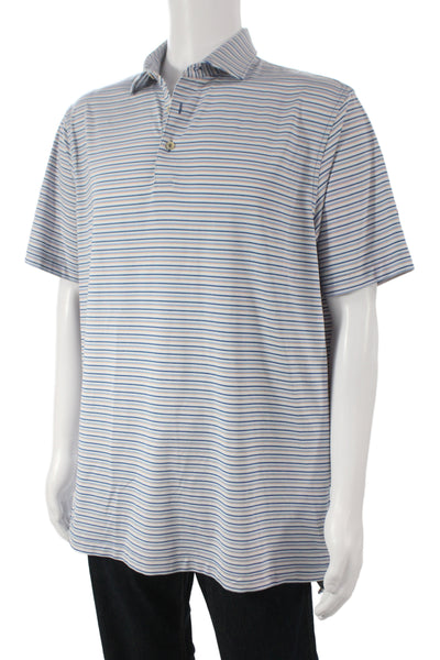 Peter Millar Men Blue Striped Collared Polo Short Sleeve Polyester Size L