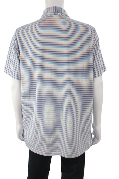 Peter Millar Men Blue Striped Collared Polo Short Sleeve Polyester Size L