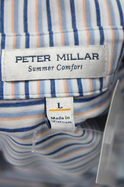 Peter Millar Men Blue Striped Collared Polo Short Sleeve Polyester Size L