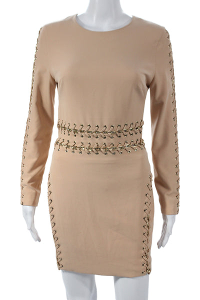 House Of CB London Womens Bodycon Midi Dress Beige Long Sleeve Round Neck Size S