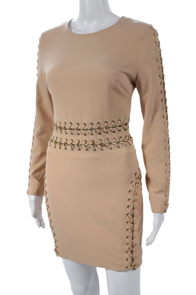 House Of CB London Womens Bodycon Midi Dress Beige Long Sleeve Round Neck Size S