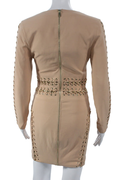 House Of CB London Womens Bodycon Midi Dress Beige Long Sleeve Round Neck Size S