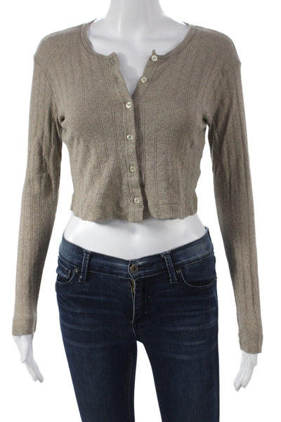 Leset Women Cardigan Striped Brown 100% Cotton Round Neck Long Sleeve Size XS