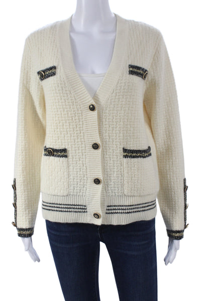 Anne Fontaine Womens Ivory Striped V Neck Long Sleeve Cardigan 70% Wool Size M