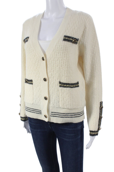 Anne Fontaine Womens Ivory Striped V Neck Long Sleeve Cardigan 70% Wool Size M