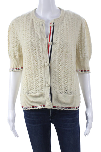 Thom Browne Womens Ivory Striped Short Sleeve Cardigan Wool Size 44