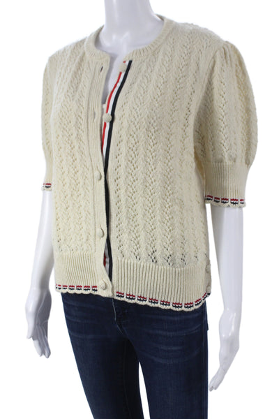 Thom Browne Womens Ivory Striped Short Sleeve Cardigan Wool Size 44