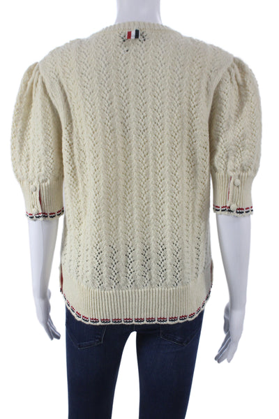 Thom Browne Womens Ivory Striped Short Sleeve Cardigan Wool Size 44