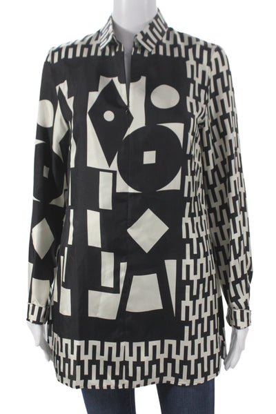 Akris Women Tunic Blouse Black Mulberry Silk Collared Geometric Size 6