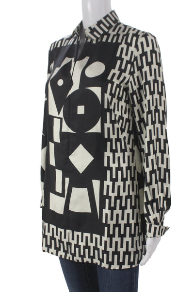 Akris Women Tunic Blouse Black Mulberry Silk Collared Geometric Size 6