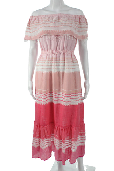 Lemlem Womens Pink Striped Off Shoulder Maxi Dress Cotton Short Sleeve Size XS