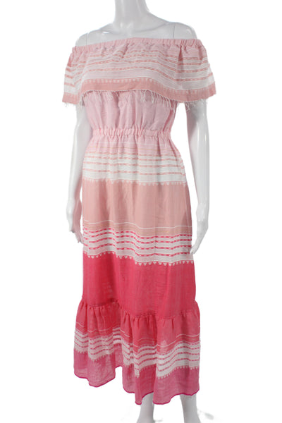 Lemlem Womens Pink Striped Off Shoulder Maxi Dress Cotton Short Sleeve Size XS