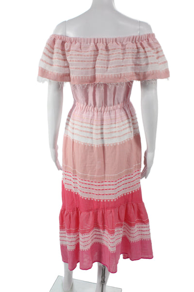 Lemlem Womens Pink Striped Off Shoulder Maxi Dress Cotton Short Sleeve Size XS