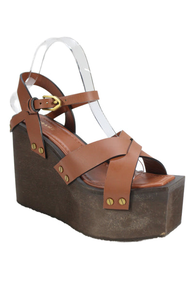Frame Womens Leather High Platform Slingbacks Wedge Sandals Brown Size 38 8 b