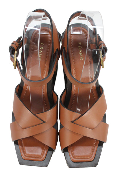 Frame Womens Leather High Platform Slingbacks Wedge Sandals Brown Size 38 8 b