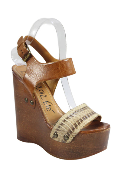 Lanvin Womens Leather High Platform Wedge Sandals Brown Size 38.5 8.5
