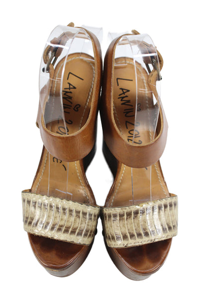 Lanvin Womens Leather High Platform Wedge Sandals Brown Size 38.5 8.5