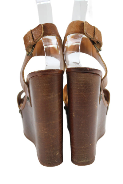 Lanvin Womens Leather High Platform Wedge Sandals Brown Size 38.5 8.5
