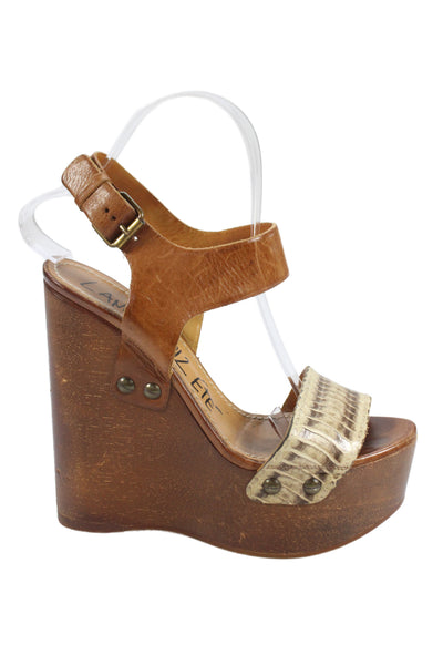 Lanvin Womens Leather High Platform Wedge Sandals Brown Size 38.5 8.5
