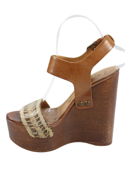 Lanvin Womens Leather High Platform Wedge Sandals Brown Size 38.5 8.5