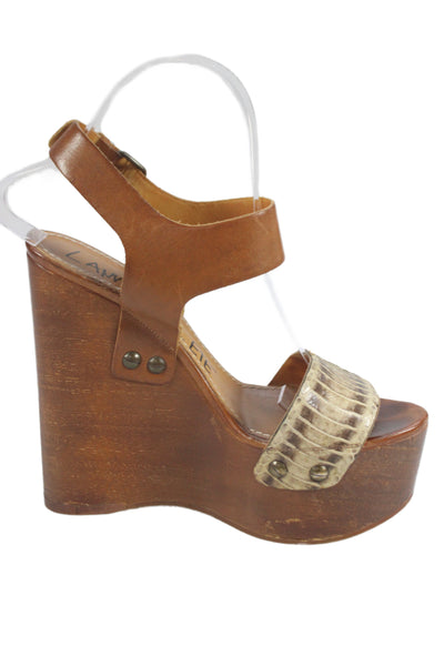 Lanvin Womens Leather High Platform Wedge Sandals Brown Size 38.5 8.5