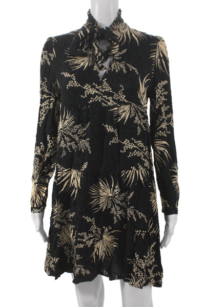Ba&Sh Womens Black Floral V-Neck Long Sleeve Shift Dress Size 1