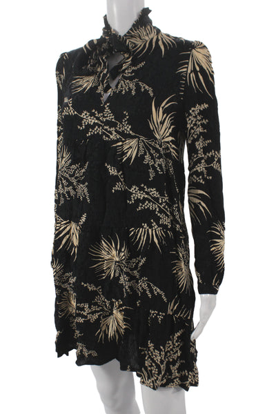 Ba&Sh Womens Black Floral V-Neck Long Sleeve Shift Dress Size 1