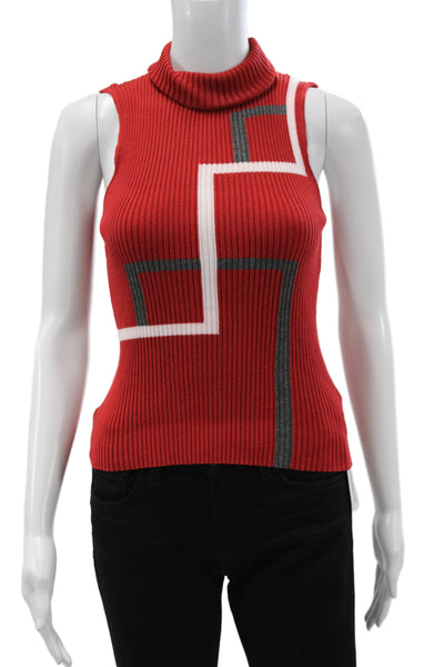 Loro Piana Women Turtleneck Sleeveless Geometric Pullover Sweater Red Size 40